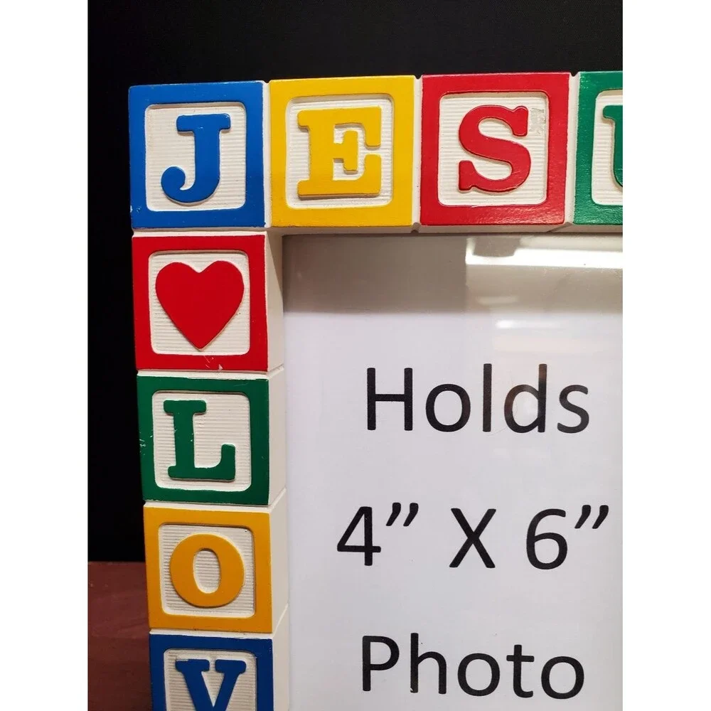Vintage Jesus Loves Me Religious Child's Toy Block Picture Photo Frame 4x6